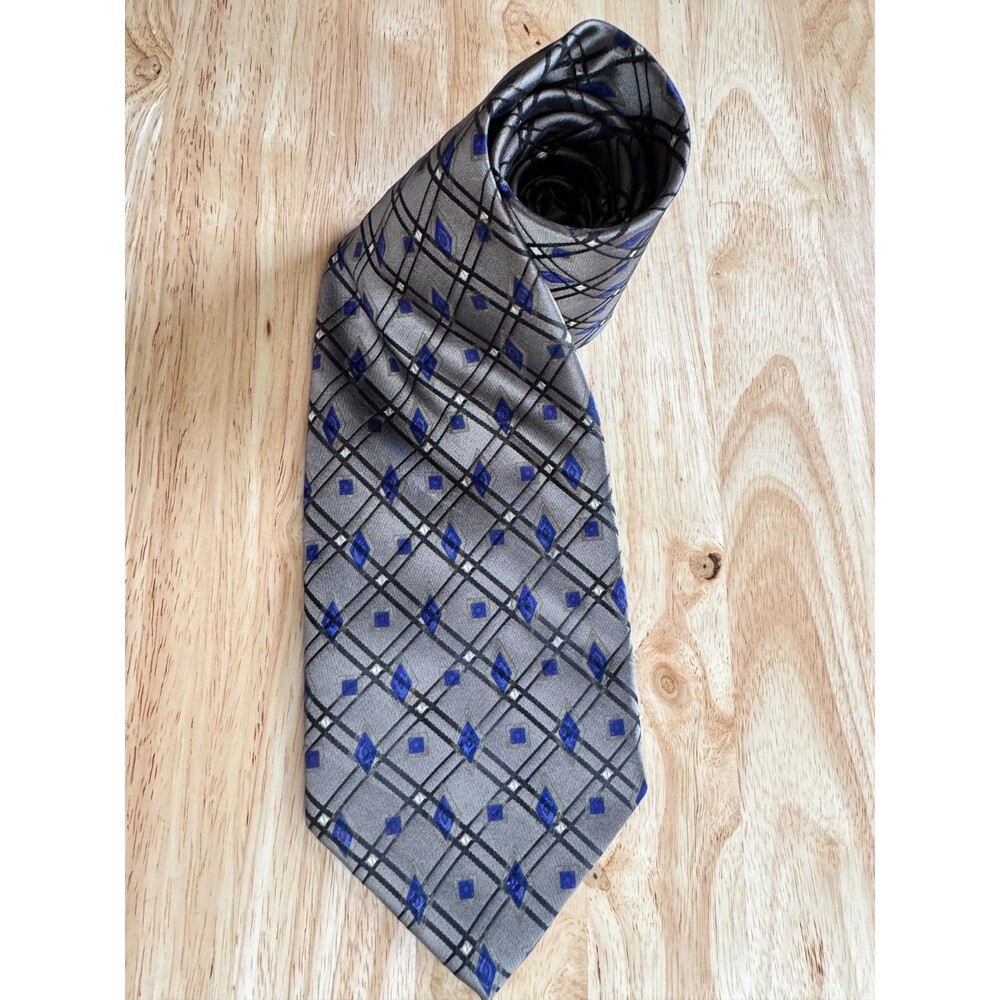 Robert Talbott Best of Class Silk Tie Gray Blue Geometric Plaid Designer  59"